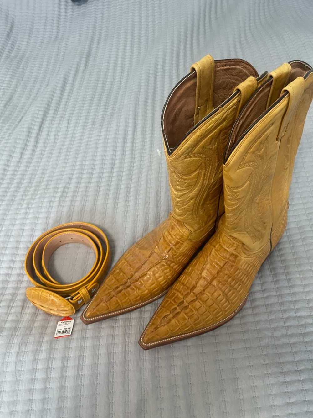 Campo Alegre Caiman Print Cowboy Boots + Matching Belt Size 12 – Butter